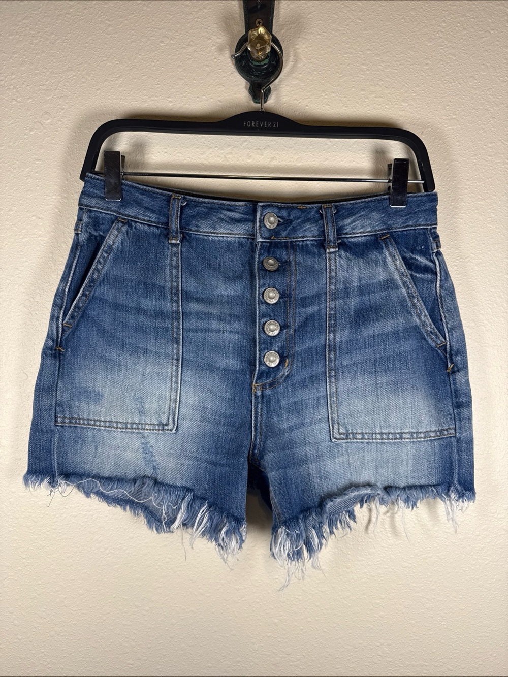 Free People Carpenter Shorts Women's 27 Blue Denim Cotton Frayed Hem Button-Fly